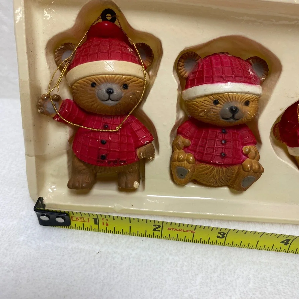 VTG Dept 56 Set of 4 Christmas Teddy Bear Hand Painted Ornaments Santa‎